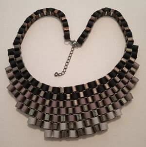 #612.   Black To Gray Ombre Ribbon Statement Necklace. 12" Long